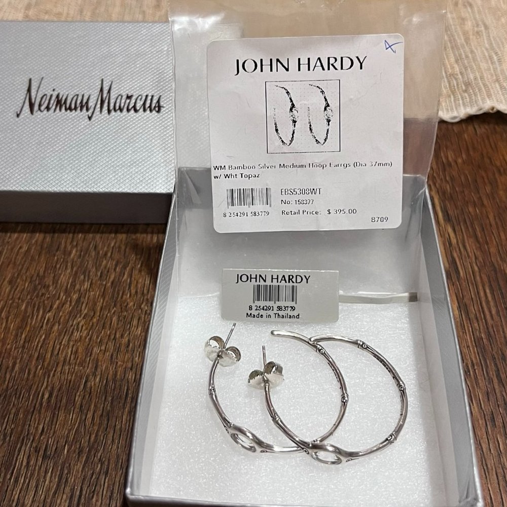 John Hardy Bamboo Sterling Hoop Earrings with White Topaz - Medium 1.5"